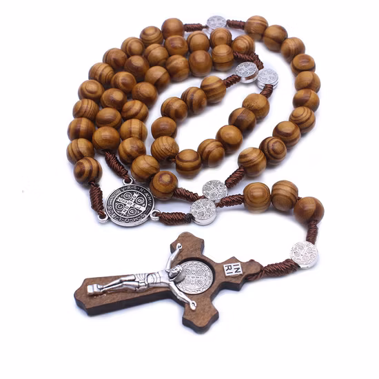 Cross Jesus Virgin Mary Pendant Necklace Wooden Long Beaded Chain Rosary Necklaces